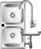 A stainless steel double sink with a faucet and drainpipe. Podgląd zdjęcia produktu