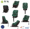 A collage of images showing a green child car seat from multiple angles, along with certification logos and icons. Náhľad obrázku produktu