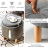 A collage of images showing a round ottoman with storage, its features, and its construction. Produktbild-Vorschau