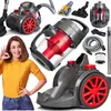 A collage of a woman and various parts and accessories of a vacuum cleaner.