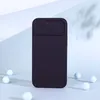 A dark purple phone case with a sliding camera cover is displayed on a light gray and white background with several small light blue spheres scattered around. Produktbild-Vorschau