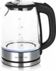 A close-up studio shot of a glass electric kettle with a black handle and a brushed stainless steel base. Voir les images du produit