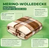 A folded merino wool blanket with descriptive text boxes around it. Produktbild-Vorschau