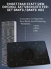A black induction cooktop with an integrated downdraft ventilation system and a separate image of an activated carbon filter are shown. Text overlays describe compatibility with specific Bora cooktop models. Produktbild-Vorschau