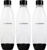 Three clear SodaStream bottles with black caps and bases are lined up against a white background. Produktbild-Vorschau