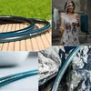 Collage of a garden hose in different settings, including on wood, with a woman spraying water, and near rocks. Voir les images du produit