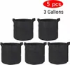 Five black fabric grow bags are arranged in two rows on a white background, with text indicating '5 pcs' and '3 Gallons' above them. Produktbild-Vorschau