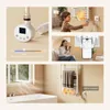 Collage of images showing a bathroom heater and its features, including app control, child lock, and use in a bathroom setting. Produktbild-Vorschau