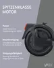 Close-up of an electric scooter wheel with marketing text highlighting its features. Produktbild-Vorschau