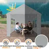 A party tent is shown, split into two halves. One half depicts sunny weather with people enjoying themselves inside, while the other half shows rain and lightning outside, highlighting the tent's protective features. Icons and text at the bottom emphasize  Voir les images du produit