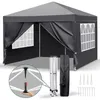 A gray pop-up gazebo with windows, shown with its folded frame, carrying bag, and stakes. Produktbild-Vorschau