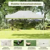 A white pop-up canopy tent set up on a grassy lawn with trees and bushes in the background. Four smaller inset images at the bottom show details of the tent's construction and accessories. Náhľad obrázku produktu