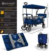 A collage of images showing a blue foldable wagon, its dimensions, weight capacity, material, and a folded version of the wagon. Produktbild-Vorschau