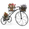 A black metal bicycle-shaped plant stand with three baskets holding potted plants. Anteprima dell’immagine prodotto