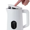 A person's finger is pressing the lid of a white electric kettle. Produktbild-Vorschau