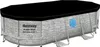 An above-ground swimming pool with a black cover. Produktbild-Vorschau