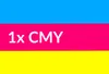 The image shows three horizontal bands of color: cyan, magenta, and yellow. Text that reads '1x CMY' is overlaid on the magenta band. Produktbild-Vorschau