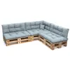 A sectional sofa made from wooden pallets with gray cushions, shown against a white background. Voir les images du produit