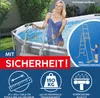 A woman is climbing into a pool using a ladder. The image also includes graphics and text related to safety and product specifications. Produktbild-Vorschau