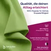 A close-up of green fabric with marketing text and icons. Produktbild-Vorschau
