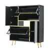 A black shoe cabinet with gold legs and yellow accents, shown from the front with its doors open. Anteprima dell’immagine prodotto