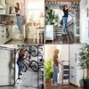 Collage of four images showing a woman using a KADAX steel stepladder in different home and garage settings. Podgląd zdjęcia produktu