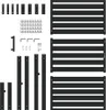 A flat lay of a black metal garden gate and its components, including posts, hinges, and hardware, arranged on a white background. Náhled obrázku produktu