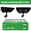 Two views of an automatic solar drip irrigation device with a digital display and controls, along with a graphic illustrating watering time and interval settings. Produktbild-Vorschau