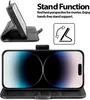 A black flip case for a smartphone is shown in two configurations: one open and propped up as a stand, and another showing the phone inside the case. Produktbild-Vorschau
