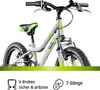 A close-up front view of a child's bicycle with green accents, set against a white background. Below the bicycle, there are icons and text describing features. Voir les images du produit