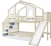 A children's bunk bed with a house-like structure, a slide, and stairs, presented against a white background. Produktbild-Vorschau