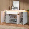 A white sideboard with LED lighting, open doors revealing shelves with books and a globe, set against a wood-paneled wall. Anteprima dell’immagine prodotto