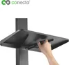 A hand is shown adjusting a shelf on a black TV stand. Produktbild-Vorschau