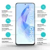 A smartphone screen protector is shown with various features highlighted by icons and text. Produktbild-Vorschau