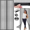 A collage of images showing a magnetic screen door, its accessories, and a woman standing in a doorway with the screen door installed. Náhled obrázku produktu