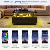 A modern coffee table with LED lighting, shown in a living room setting, with app interface screenshots below. Produktbild-Vorschau