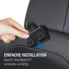 A hand is shown installing a black car accessory onto the headrest of a car seat. Text overlays describe the product's ease of installation. Anteprima dell’immagine prodotto