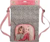 A draw-string backpack with a leopard print pattern and a front pouch featuring two illustrated girls. The backpack is shown flat against a white background, with its straps visible. Anteprima dell’immagine prodotto