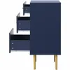 A side view of a navy blue dresser with three open drawers and wooden legs, set against a white background. Produktbild-Vorschau