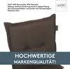 A close-up of a brown cushion with text overlays and a brand logo. Produktbild-Vorschau