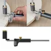 A collage of images showing a woodworking scribe tool being used on wood and a separate product shot. Produktbild-Vorschau