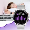 A woman is sleeping in bed, with a smartwatch prominently displayed in the foreground showing sleep data. Produktbild-Vorschau