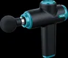 A black and teal massage gun with a black ball attachment is shown against a black background. Produktbild-Vorschau