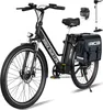 A black electric bicycle with accessories is displayed against a white background. Voir les images du produit