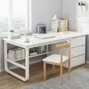 A white computer desk with shelves and drawers, next to a window. Produktbild-Vorschau