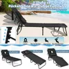 A black foldable lounge chair is shown on a beach with palm trees and ocean in the background. There are also diagrams and text overlays highlighting features. Produktbild-Vorschau