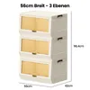 A stack of three white storage boxes with yellow translucent doors, shown with dimensions indicated. Produktbild-Vorschau