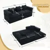 Two views of a black modular sofa with dimensions indicated by measurement lines and text. Produktbild-Vorschau