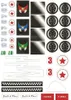 A collage of stickers for a toy car, including numbers, stars, checkered patterns, and decorative elements. Produktbild-Vorschau
