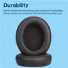 A close-up of two brown ear pads for headphones, stacked on top of each other, with marketing text overlay. Produktbild-Vorschau